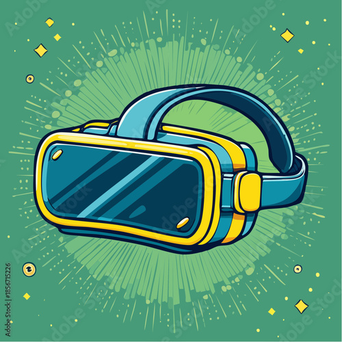 Cartoon illustration of a blue and yellow virtual reality headset on a green background.