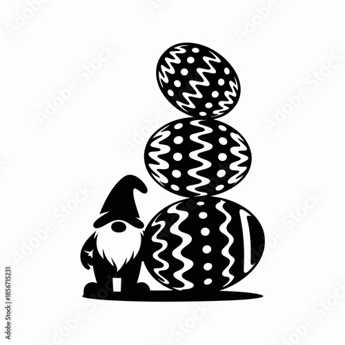 A whimsical gnome stands alongside three intricately decorated Easter eggs