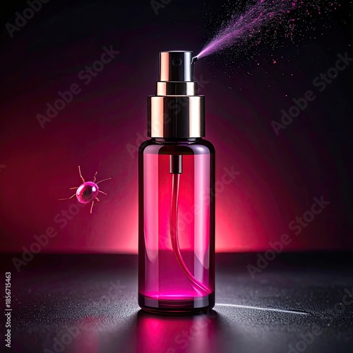 A vibrant, fuchsia spray bottle, with a spray of pink particles, positioned against a dark background with a small, red bug in mid-air
