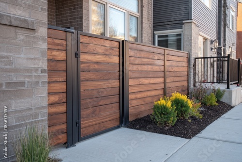Residential sidewalk with wooden privacy fence panels beside brick and siding homes, accented by shrubs today