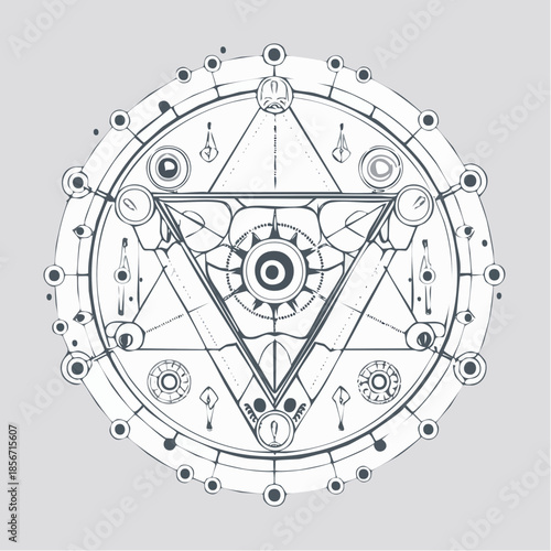 Intricate geometric design featuring a triangle within a circle, adorned with various symbols and patterns, creating a mystical or alchemical illustration.