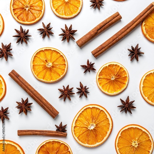Dried orange slices, cinnamon sticks, and star anise on white background.  A festive, wintery arrangement