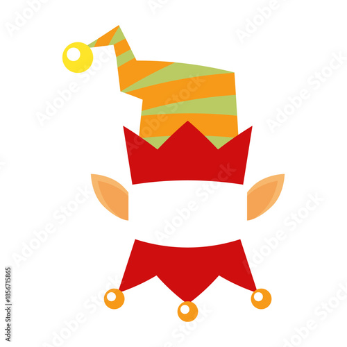 Flat vector Christmas elf striped hat and ears. Minimal festive illustration isolated on white background.