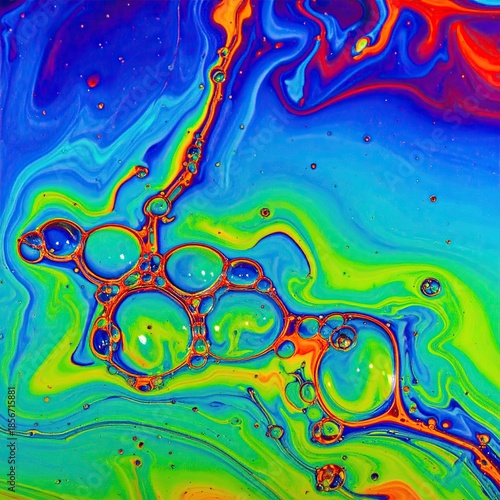 Vibrant, colorful abstract design of swirling liquids and bubbles.  Intricate patterns of bright hues