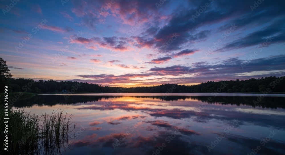 Fototapeta premium Serene lake reflecting vibrant sunset hues across a tranquil, misty landscape