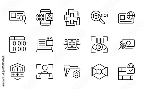 Privacy and security icons collection. Authentication, secure login, and user verification line icons.