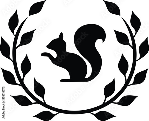 Black squirrel inside a circular laurel wreath leaf branch silhouette vector illustration