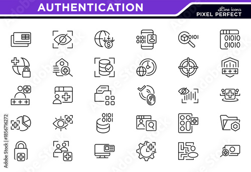 Authentication icon set. User login, secure access, identity verification, and account protection line icons.