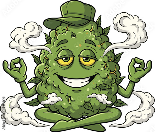 Cartoon marijuana bud character meditating with smoke puffs, relaxed cannabis mascot, humorous weed culture concept - flat vector illustration