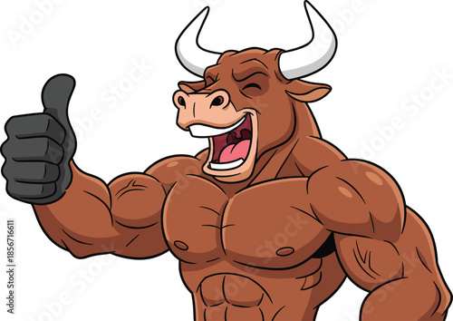 Cartoon muscular bull giving thumbs up with confident smile and wink, strong mascot pose - flat vector illustration