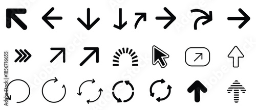 arrow vector icon pack featuring black directional symbols, navigation pointers, curved lines, and straight indicators for professional user interface design and modern web development projects.