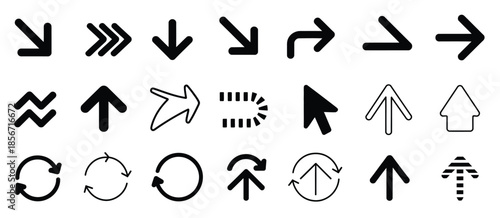 arrow vector icon pack featuring black directional symbols, navigation pointers, curved lines, and straight indicators for professional user interface design and modern web development projects.