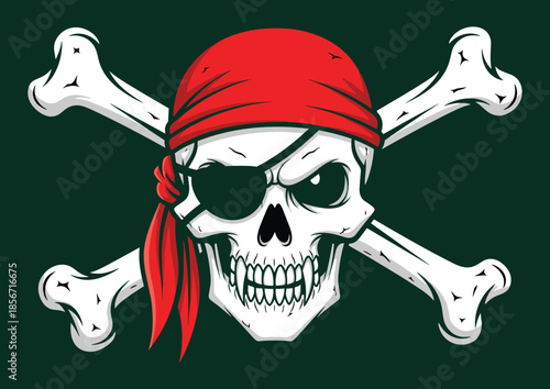 Cartoon pirate skull with red bandana and eye patch, crossed bones symbol for adventure theme - flat vector illustration