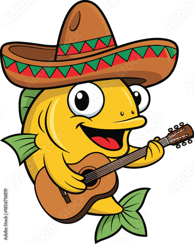 Cheerful cartoon yellow fish playing guitar, wearing Mexican sombrero, festive character design, cultural celebration theme, joyful music scene - flat vector illustration