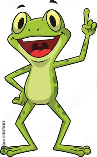 Expressive cartoon frog character pointing upward, cheerful green amphibian with idea gesture, educational mascot concept, animated pose - flat vector illustration