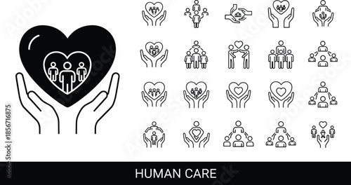 Human care icon set with hands, hearts, and people symbols, compassion and support theme - flat vector illustration
