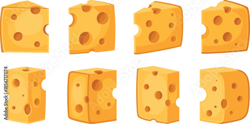 Cartoon cheese block set with hole variations and unique shapes, dairy food icons - flat vector illustration