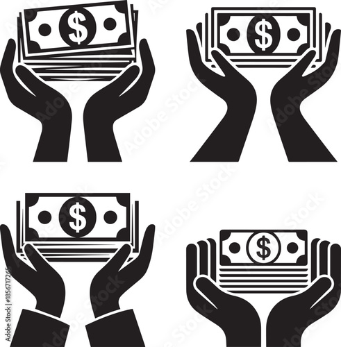Hands Holding Money Icon Set, Cash, Savings, Income, Payment Vector Illustration