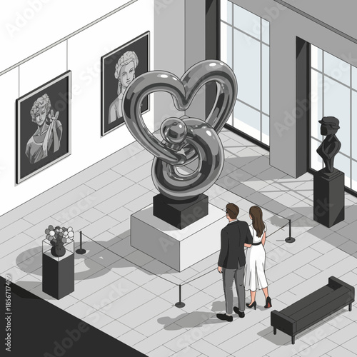 Art Gallery Visitors Admiring Modern Sculpture Display