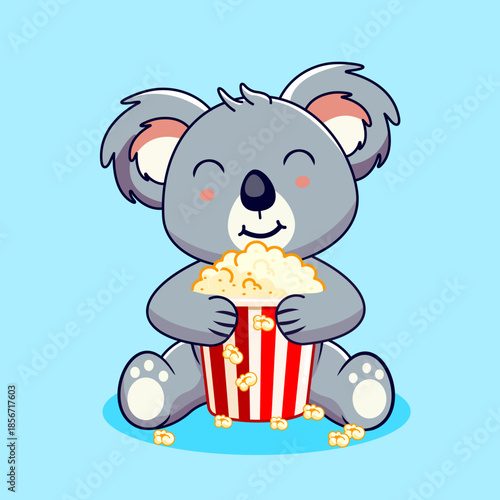 Cute Koala Sitting Enjoying Popcorn Vector Illustration Cartoon Design Kawaii