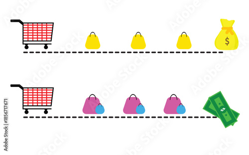 Vector illustration of the economic concept of shopping and financial transactions at a store using a shopping cart. Dollars, buying and selling, currency, shopping bag.