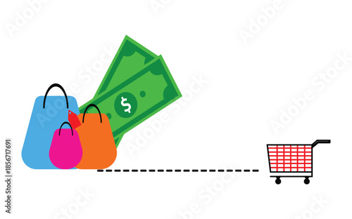 Vector illustration of the economic concept of shopping and financial transactions at a store using a shopping cart. Dollars, buying and selling, currency, shopping bag.