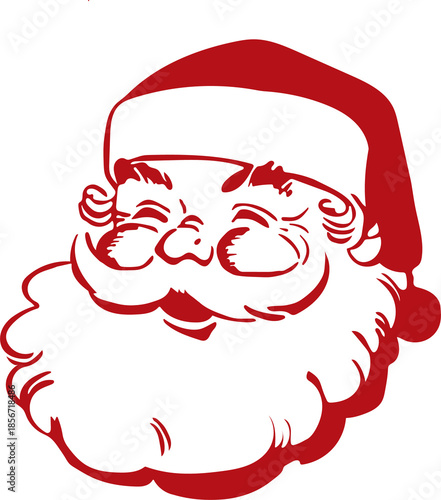 Cute vintage Santa Claus face illustration in red line art style. Smiling classic Christmas character with beard and hat, inspired by retro holiday graphics. Perfect for greeting cards, stickers, logo