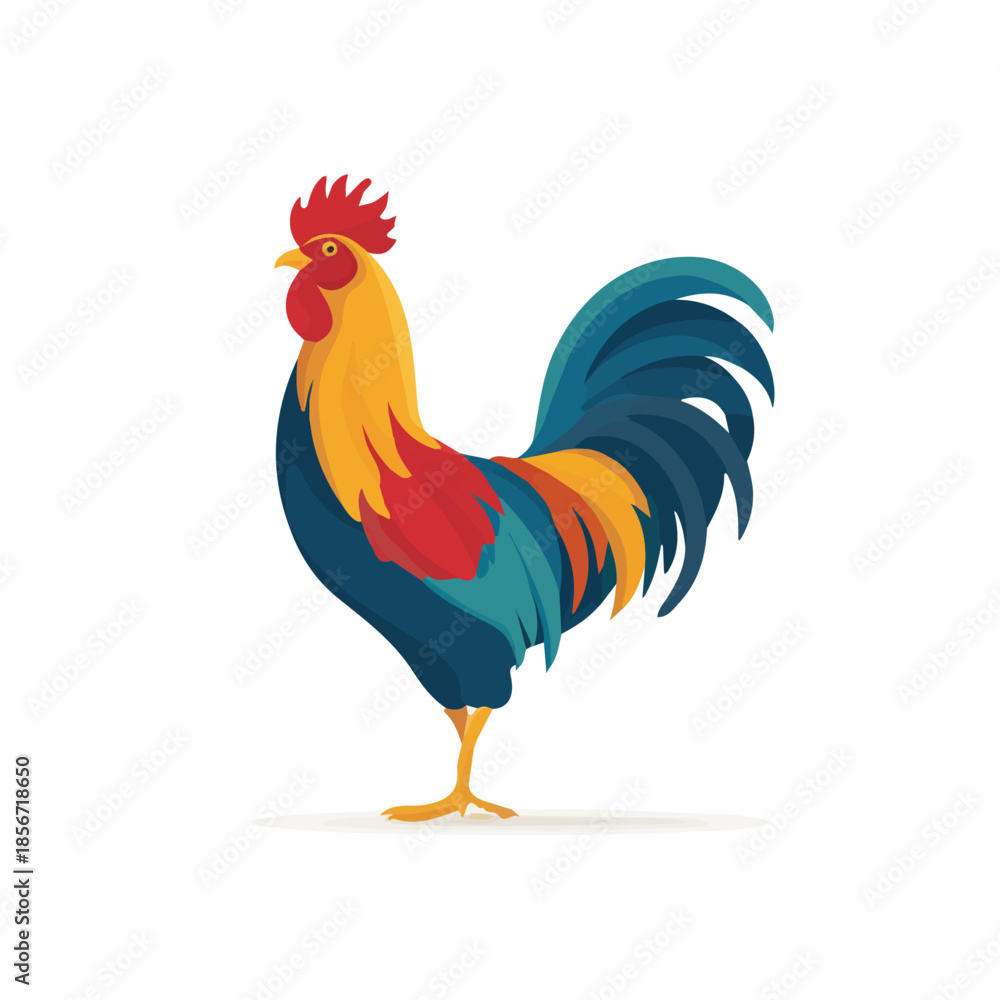 Fototapeta premium 2D flat vector illustration of Rooster, clean and minimal icon style, isolated on white background.