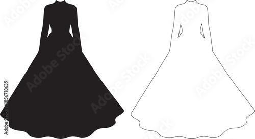 Black Silhouette and Outline Modest Long Sleeve Dress Vector Illustration isolated PNG with Transparent Background