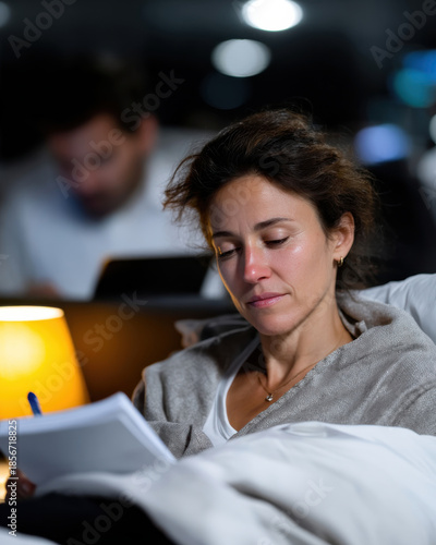 A woman reflecting and writing in a notebook while comfortably nestled in bed, surrounded by a soft ambiance, capturing a moment of personal introspection and peace.