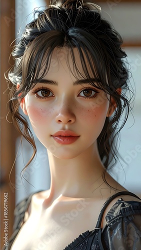 Portrait of a young woman with dark hair, fair skin and light brown eyes, standing near a window