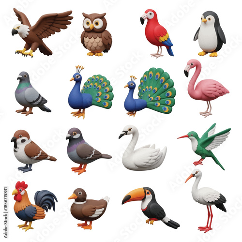 Colorful collection of various birds on white background