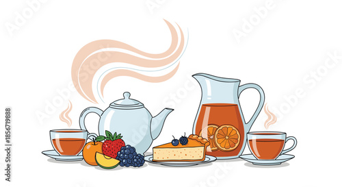 Charming afternoon tea setting featuring a teapot, cups, fruit juices, fresh berries, and a slice of delicious cheesecake.