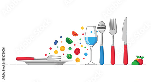 Modern kitchen dining concept showing a white plate with floating healthy vegetables including tomatoes and cucumbers next to blue glassware.