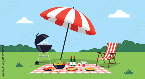 Outdoor picnic scene with a barbecue grill and a red striped umbrella on a green meadow under a blue sky with soft white clouds.