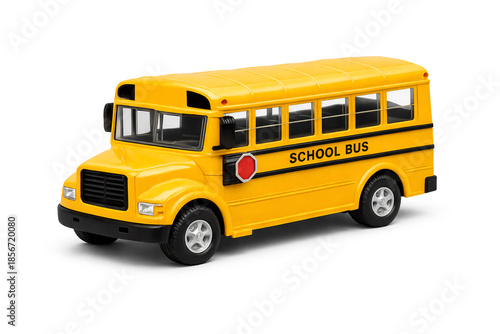 Yellow toy school bus vehicle isolated on white background