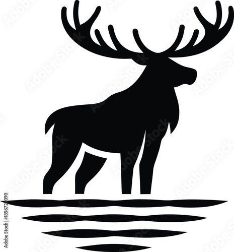 Powerful moose standing in water reflections silhouette vector illustration