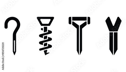 Fastener and screw icon set vector graphic illustration for construction hardware tools.
