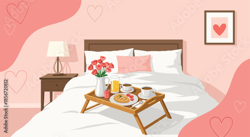Cozy romantic breakfast in bed setting with coffee and orange juice on a wooden tray decorated with fresh pink roses.