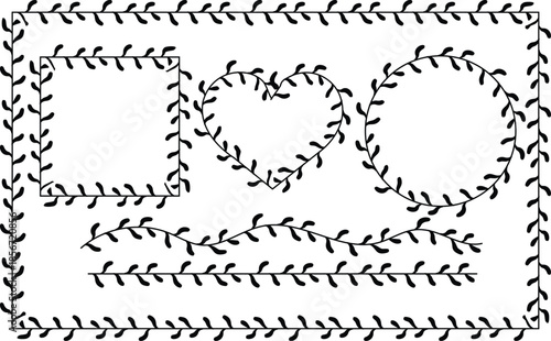 Floral frame set. Hand drawn doodle crayon blank border set. Whimsical floral borders of circle, heart shape, rectangle and text divider, for greeting cards, holiday invitation, festive design