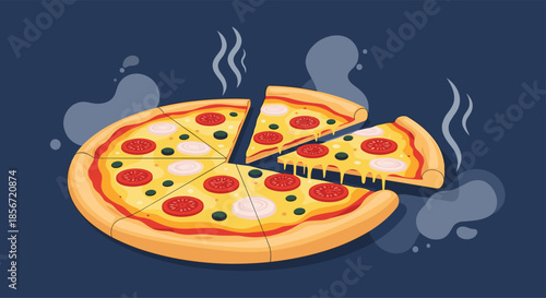Freshly baked hot pizza with melting cheese and tomato toppings showing steam rising from a slice being removed from the pie.