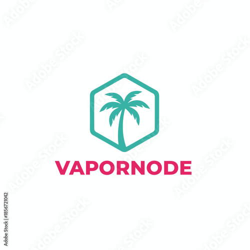 Modern tech logo featuring a turquoise palm tree inside a hexagon, blending tropical vibes with digital infrastructure and network node concepts
