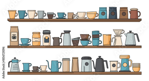 Three wooden shelves filled with an organized collection of colorful mugs, coffee cups, kettles, and storage jars.