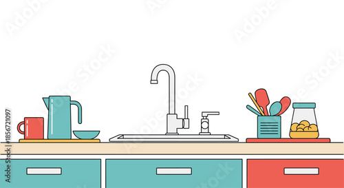 Minimalist line art illustration of a kitchen sink area with a faucet, soap dispenser, and containers for utensils.