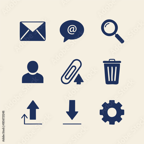 envelope, speech bubble, magnifying glass, silhouette, paperclip, trash can, up arrow, down arrow, gear.eps