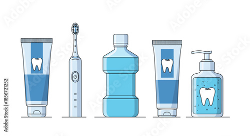 Set of professional dental hygiene products including toothpaste tubes, an electric toothbrush, mouthwash, and soap.