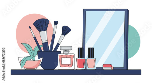 Elegant collection of makeup products including brushes, perfume, nail polish, and a mirror on a dark blue shelf.