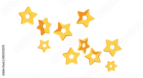 Dynamic composition of several golden three dimensional stars with holes in the center falling across a white background.