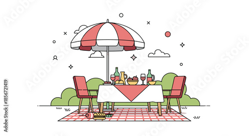 Peaceful outdoor picnic scene featuring a table with food and drinks under an umbrella in a lush green garden.