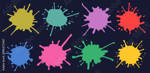 Colorful ink splatter set with bright liquid stains, bursts, spots, drops and dots. Paint splash and splatter elements in hand drawn trendy style. Vector illustration of isolated abstract ink shapes.